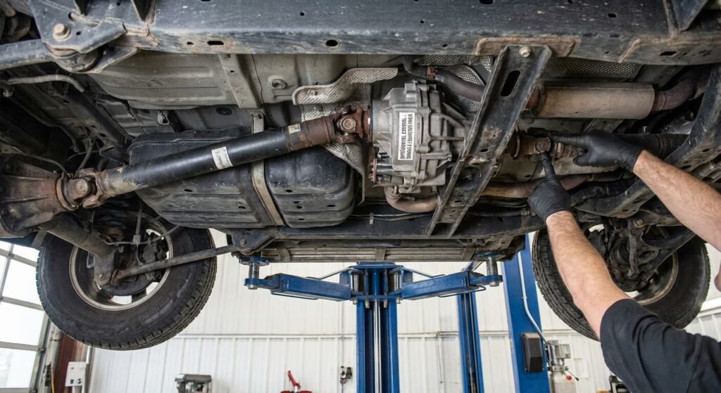 Faut-il changer les 4 pneus sur un 4x4 ? Les risques pour la transmission 2 Vue d'un châssis de véhicule à transmission intégrale permanente, mettant en évidence les arbres de transmission et le différentiel central sensibles à l'usure des pneus