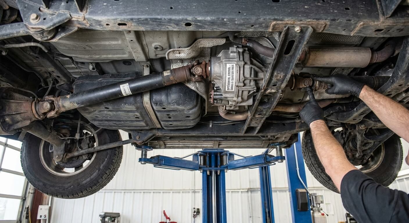 Vue d'un châssis de véhicule à transmission intégrale permanente, mettant en évidence les arbres de transmission et le différentiel central sensibles à l'usure des pneus