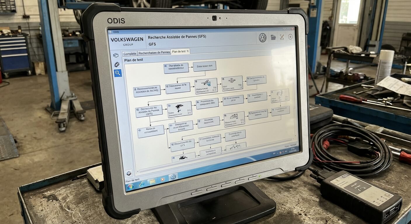 Écran d'un ordinateur d'atelier exécutant le logiciel ODIS du groupe Volkswagen, affichant un plan de test détaillé via la Recherche Assistée de Pannes (GFS)