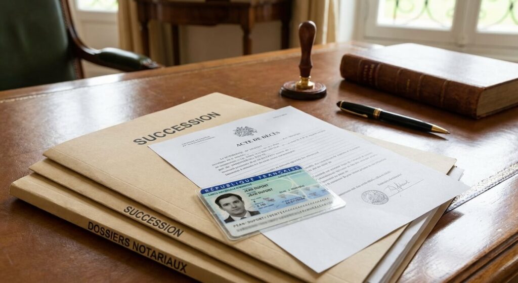 Carte nationale d'identité française posée sur un acte de décès et des dossiers de succession chez un notaire