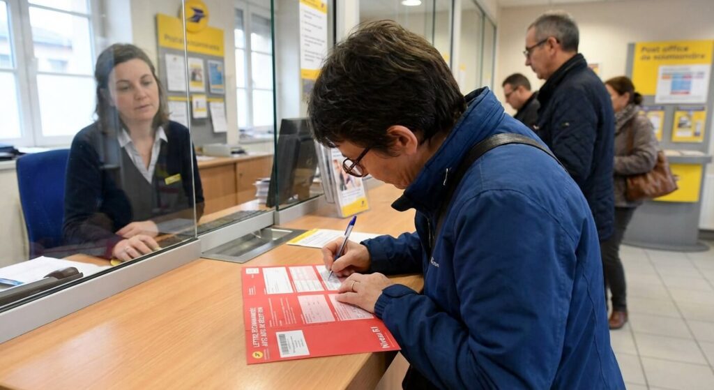 Une personne remplissant le bordereau rouge d'une lettre recommandée avec accusé de réception de niveau R1 au guichet d'un bureau de poste