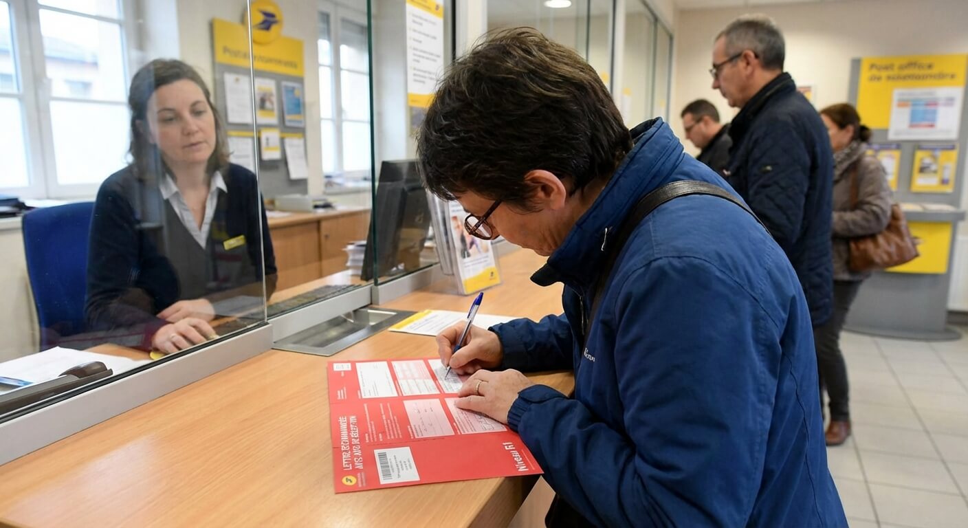 Une personne remplissant le bordereau rouge d'une lettre recommandée avec accusé de réception de niveau R1 au guichet d'un bureau de poste