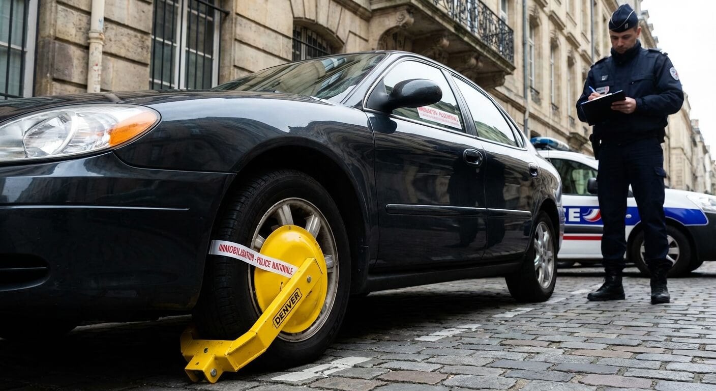 Un sabot de Denver jaune bloquant la roue avant d'une automobile, matérialisant une mesure d'immobilisation ordonnée par les forces de l'ordre