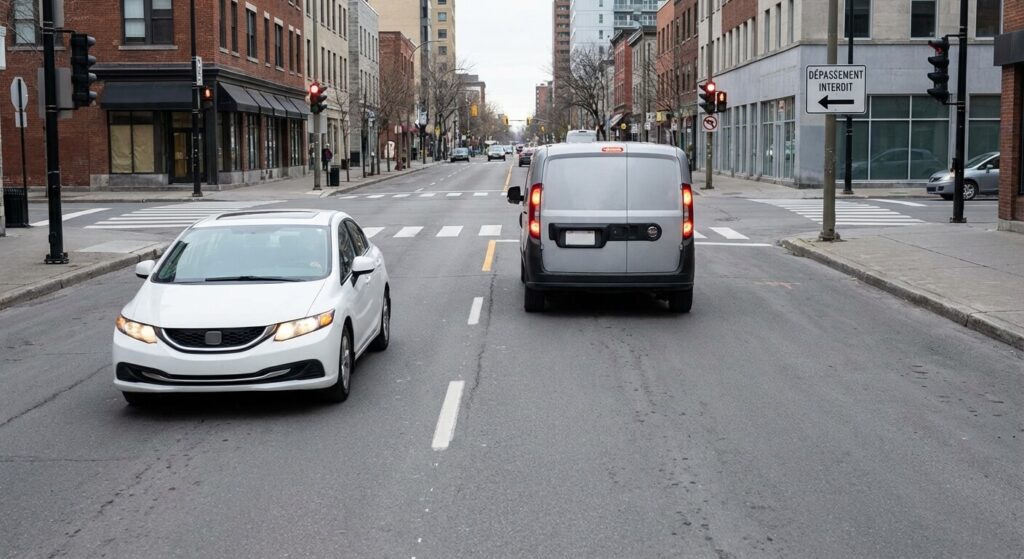 Véhicule effectuant un dépassement en milieu urbain sur une route à double sens, illustrant les règles strictes de visibilité en agglomération