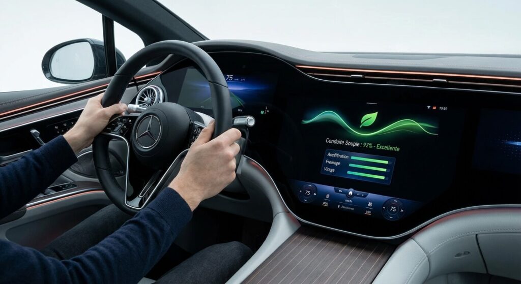 Affichage d'une faible consommation de carburant sur le tableau de bord d'une voiture pratiquant l'éco-conduite.