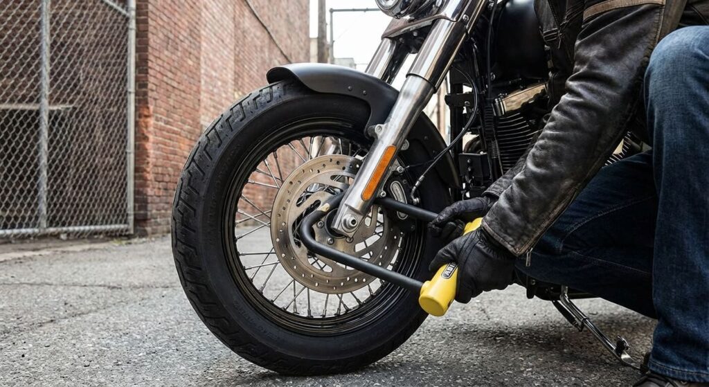 Mise en place d'un antivol de haute sécurité sur la roue avant d'une moto custom.