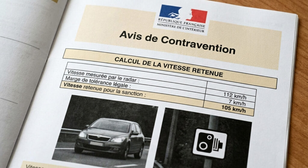 Flashé à 80 km/h au lieu de 70 : Combien de points perdus et quelle amende ? 3 Avis de contravention détaillant le calcul entre la vitesse mesurée par le radar, la marge de tolérance légale, et la vitesse retenue pour la sanction