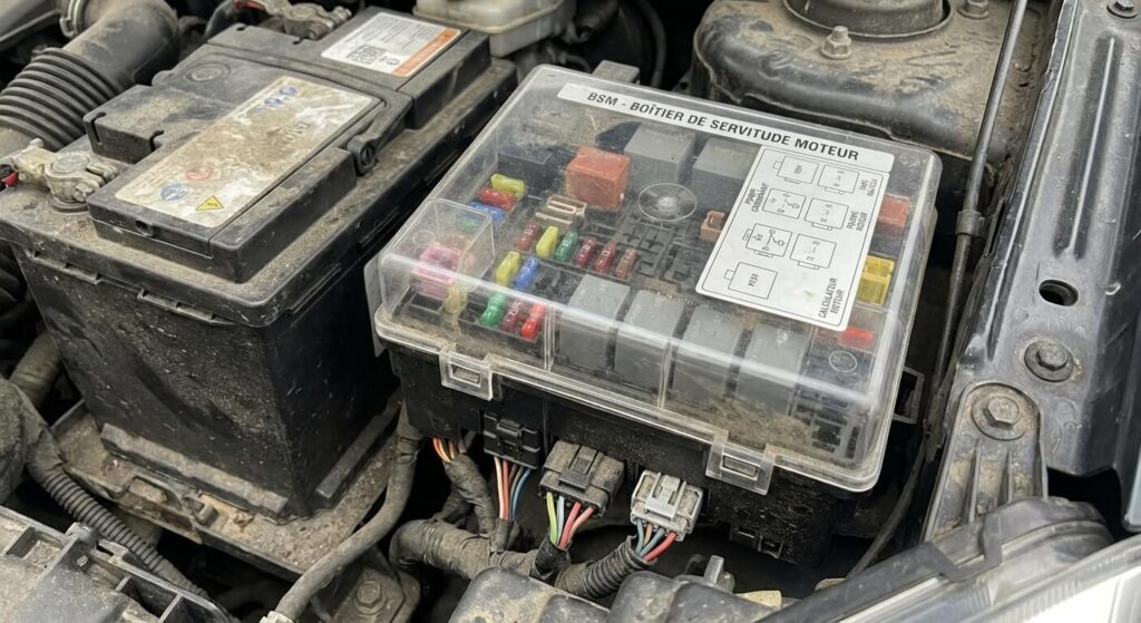 Citroën Berlingo : Le moteur tourne mais ne démarre pas 3 Boîtier de Servitude Moteur (BSM) situé sous le capot du Berlingo, dont les relais intégrés gèrent l'alimentation de la pompe à carburant et du calculateur