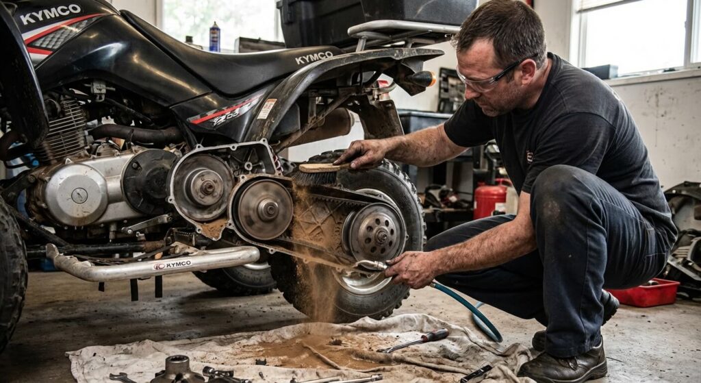 Mécanicien inspectant l'intérieur du carter de variateur (CVT) d'un quad Kymco pour vérifier l'usure de la courroie et nettoyer la poussière accumulée