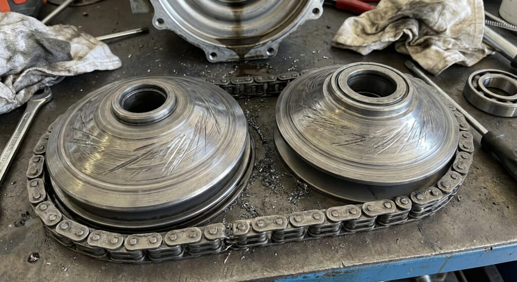 Vue interne des cônes et de la chaîne métallique d'une transmission CVT Multitronic démontée, montrant des rayures d'usure responsables du broutage