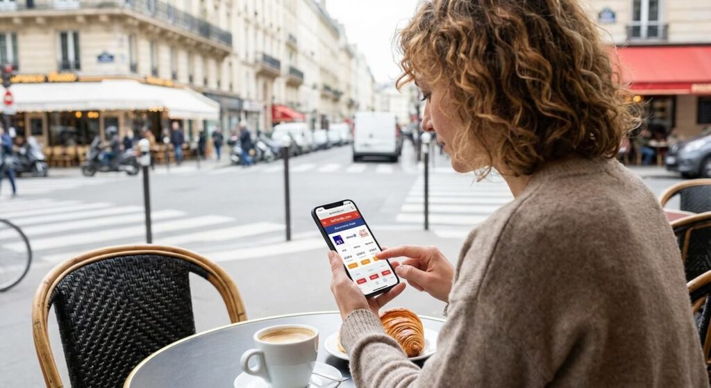 Une main tenant un smartphone affichant différents devis d'assurance auto pour comparer les prix.