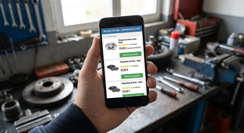 Main tenant un smartphone pour comparer les prix de pièces détachées neuves sur une boutique en ligne