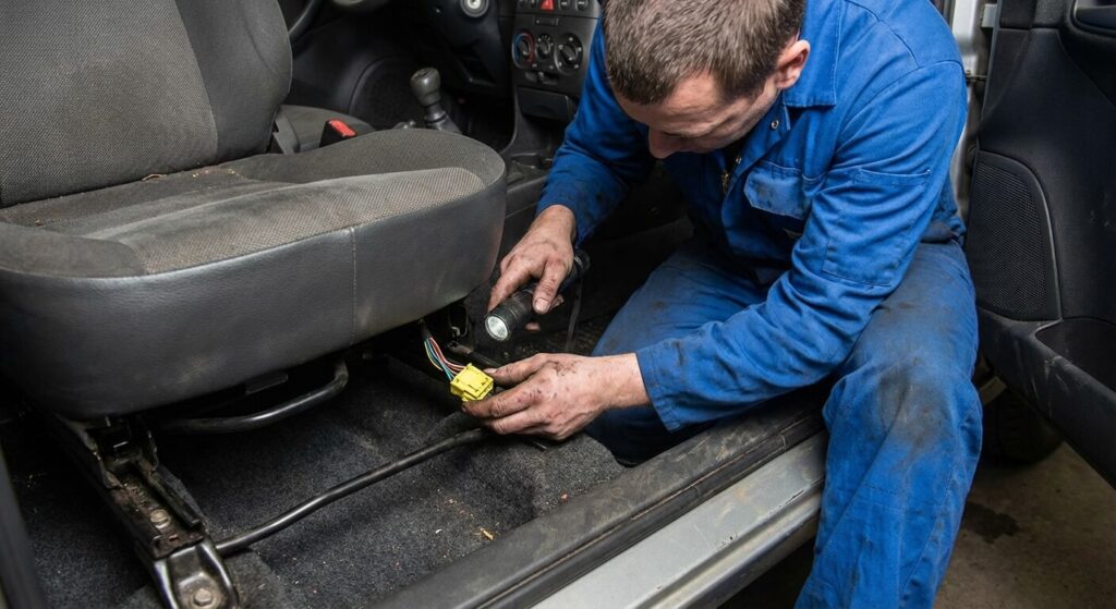 Avarie airbag Fiat Punto : Diagnostic, Connecteurs et Réparation 3 Mécanicien inspectant le connecteur jaune du faisceau d'airbag et du prétensionneur de ceinture situé sous le siège passager d'une Fiat