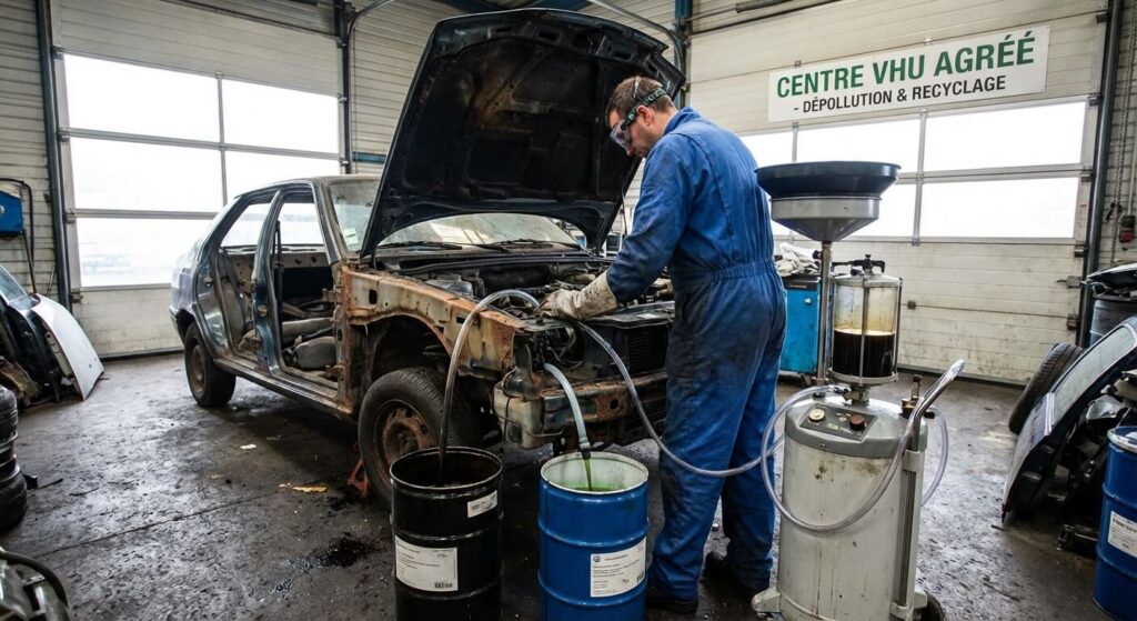 Technicien extrayant les fluides toxiques et l'huile moteur d'une épave automobile dans un centre VHU agréé