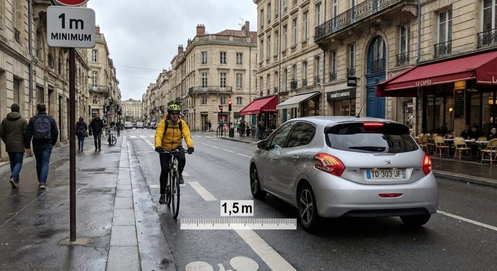 Automobiliste dépassant un cycliste en ville en respectant la distance latérale de sécurité d'un mètre imposée par la loi