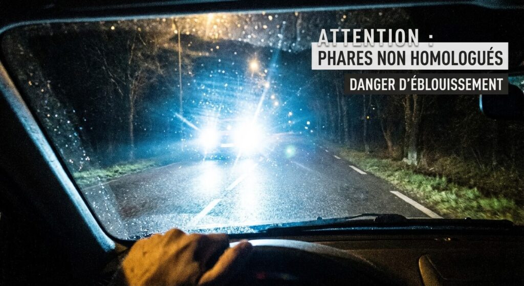 Éblouissement causé par un faisceau lumineux de phare mal réglé ou équipé d'une ampoule xénon non homologuée sur une route de nuit