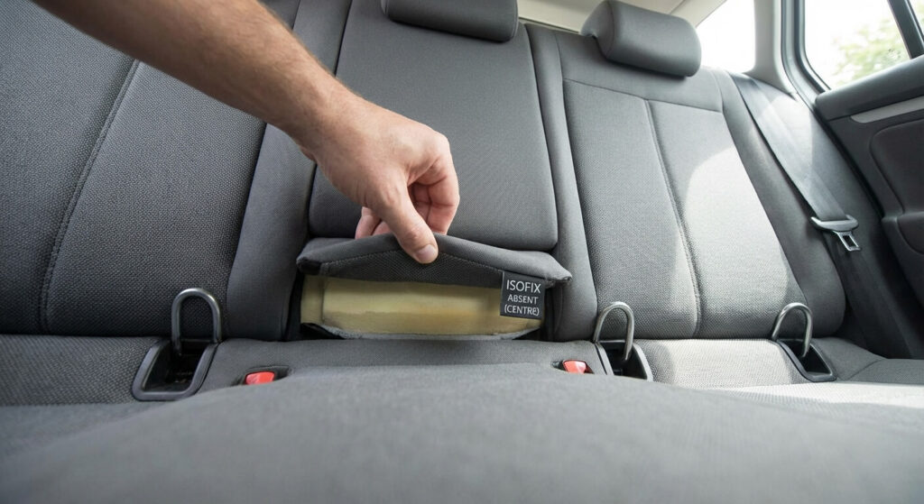Vérification de la présence des points d'ancrage Isofix métalliques cachés dans la banquette, souvent absents sur la place du milieu