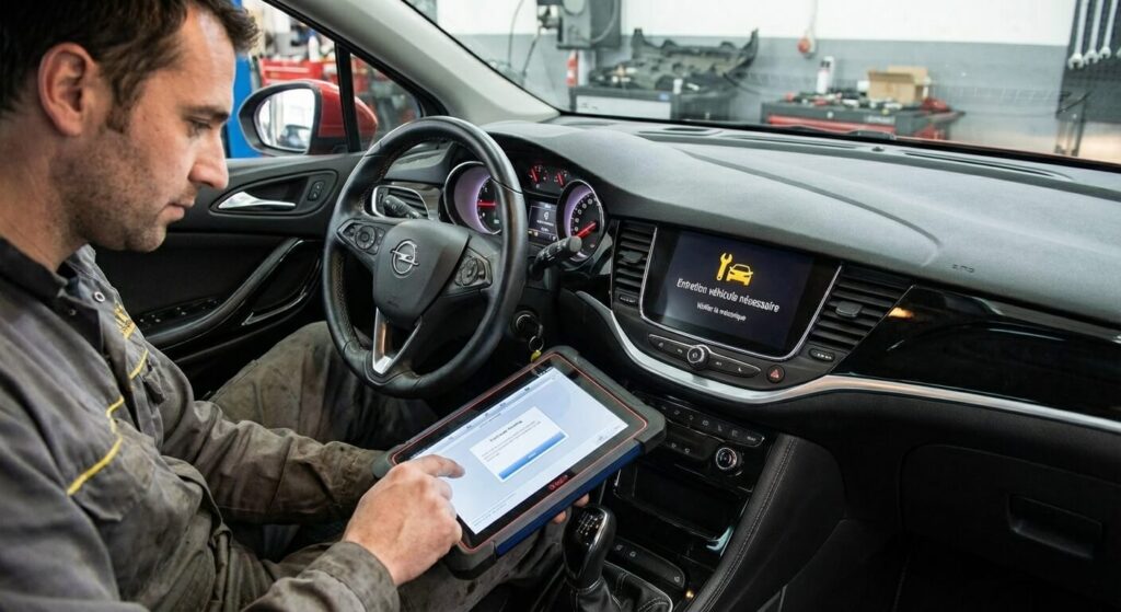 Mécanicien branchant une valise de diagnostic électronique sur la prise OBD2 d'une Opel Corsa pour identifier la panne cachée derrière le message d'entretien
