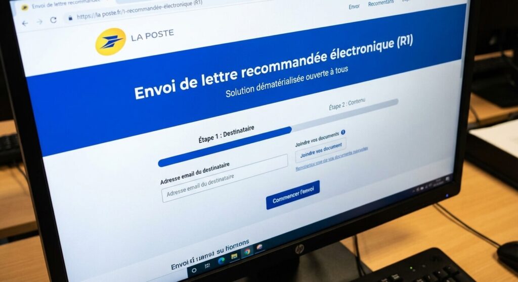 Écran d'ordinateur montrant l'interface d'envoi d'une lettre recommandée électronique R1, une solution dématérialisée ouverte à tous