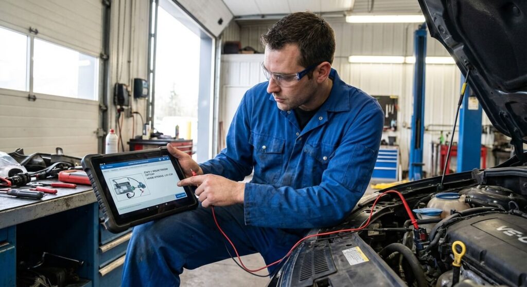 Mécanicien effectuant une mesure de tension avec un multimètre sur un capteur moteur, suivant pas à pas les instructions dictées par la fonction guidée du diagnostic