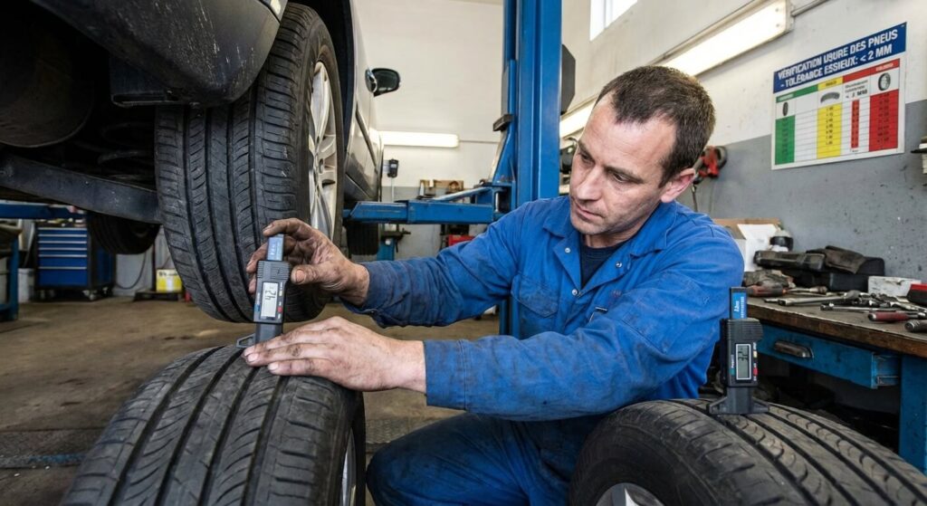 Faut-il changer les 4 pneus sur un 4x4 ? Les risques pour la transmission 3 Mécanicien mesurant la profondeur de la bande de roulement d'un pneu avec une jauge de profondeur pour vérifier la différence d'usure entre les essieux