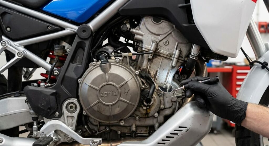 Inspection du flanc droit du moteur bicylindre de 659 cc de l'Aprilia Tuareg 660, zone parfois sujette à des suintements d'huile par le trou de surveillance