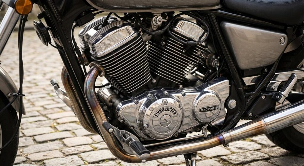 Gros plan sur le moteur bicylindre en V de la Magpower Legenders 125, une architecture rare dans la catégorie offrant un look et une sonorité valorisants