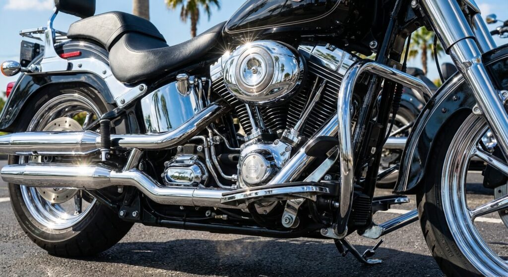 Détails des chromes étincelants d'une moto Harley Davidson garée au soleil.