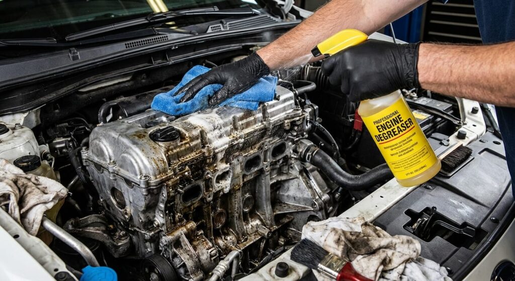 Nettoyage minutieux d'un bloc moteur aspergé d'huile à l'aide d'un spray dégraissant professionnel et de chiffons microfibres
