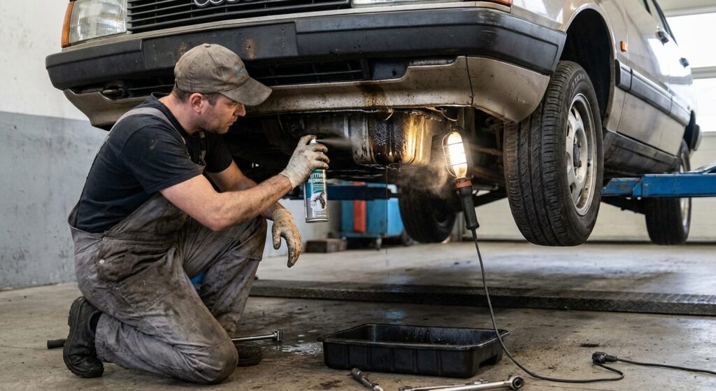 Mécanicien pulvérisant du nettoyant dégraissant sur un carter d'huile pour nettoyer la zone avant de rechercher l'origine exacte du suintement