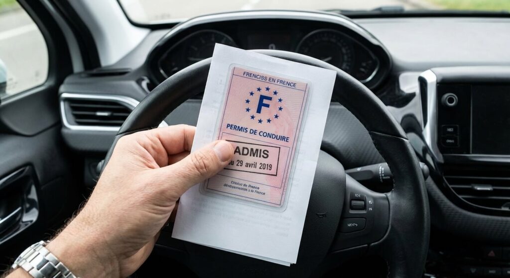 Gros plan sur une main tenant le certificat d'examen du permis de conduire devant le volant d'un véhicule.