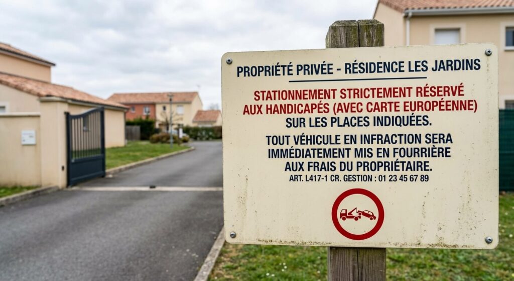 Panneau signalétique à l'entrée d'une résidence privée avertissant que le stationnement non autorisé sur les places handicapées entraînera une mise en fourrière