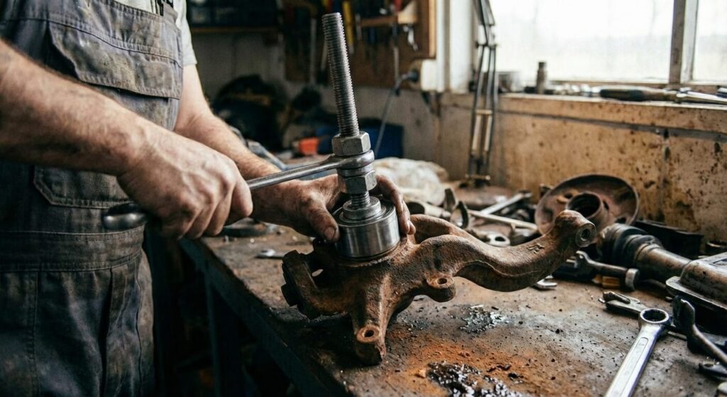 Changer un roulement de roue sans presse : Méthodes et Astuces de mécanicien 3 Outil de presse fabriqué maison avec une tige filetée épaisse, des écrous et des rondelles lourdes pour insérer le roulement neuf en douceur