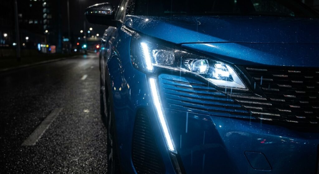 Détail de la signature lumineuse des projecteurs Full LED d'un Peugeot 3008 allumés en conditions nocturnes