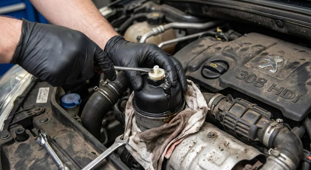 Mécanicien actionnant la vis de purge d'air située sur le dessus du boîtier du filtre à carburant lors du réamorçage du circuit diesel