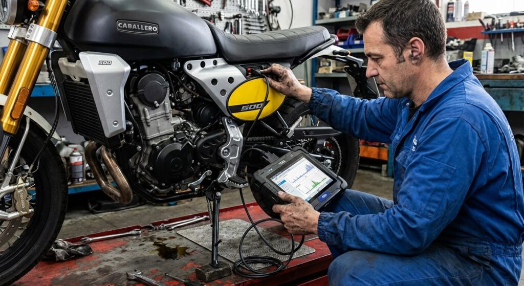 Mécanicien moto branchant une valise de diagnostic pour mettre à jour la cartographie d'injection d'une Fantic Caballero afin de résoudre les soucis de calage