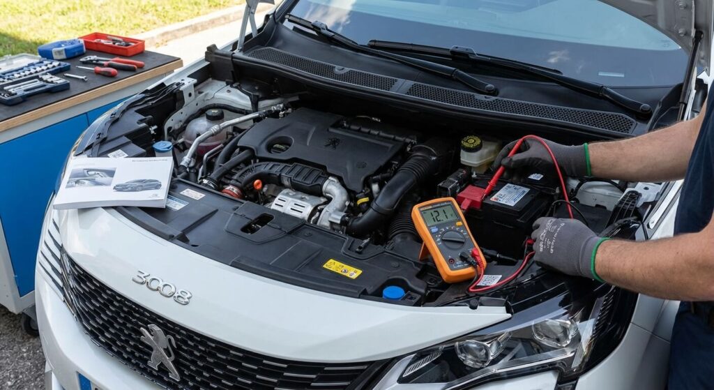 Mesure de la tension de la batterie 12V avec un multimètre sous le capot d'un Peugeot 3008 pour vérifier si elle est la cause du non-démarrage