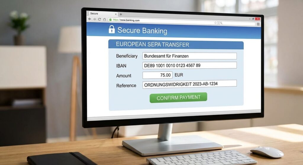 Écran bancaire montrant la saisie d'un virement SEPA européen utilisant un IBAN allemand et la référence du dossier pour payer une contravention