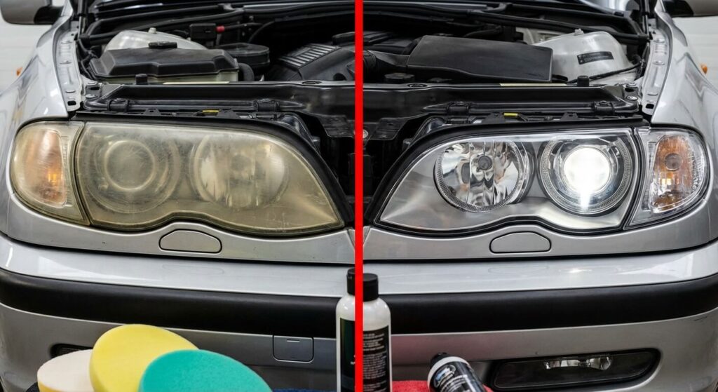 Gros plan comparatif montrant un phare de voiture terni à gauche et un phare parfaitement poli et transparent à droite après rénovation.