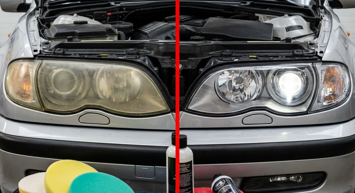 Gros plan comparatif montrant un phare de voiture terni à gauche et un phare parfaitement poli et transparent à droite après rénovation.