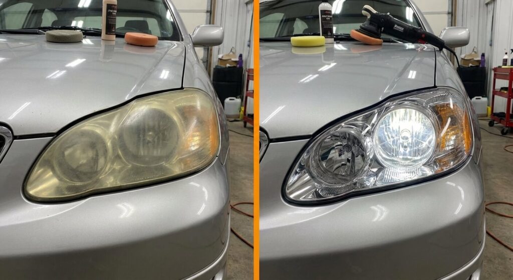 Comparaison d'un phare de voiture opaque avant rénovation et parfaitement transparent après traitement