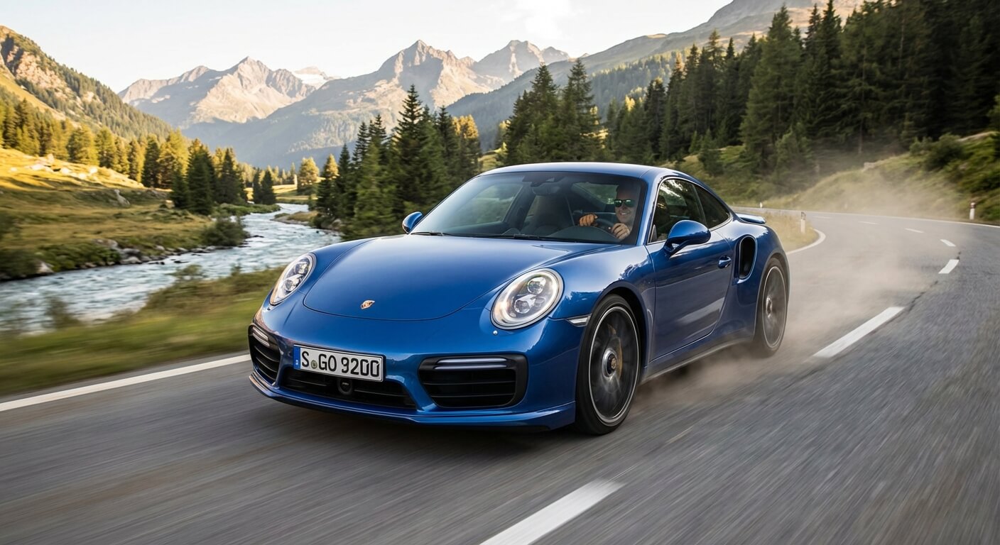 Une voiture de sport circulant sur une route sinueuse en plein air, symbolisant le plaisir de conduire et la performance.