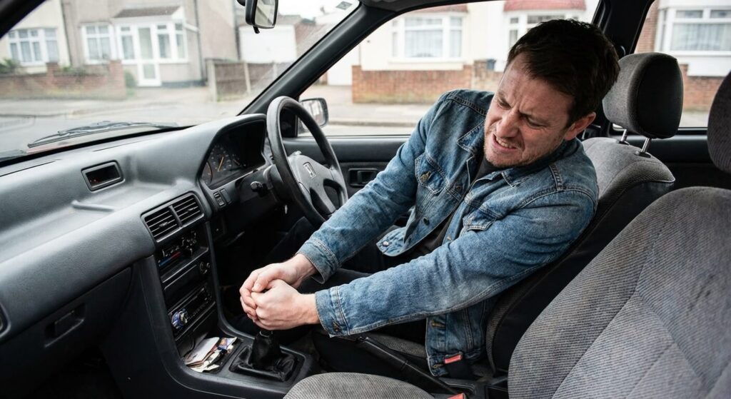 Conducteur essayant de forcer sur le levier de vitesses bloqué de sa voiture à boîte manuelle