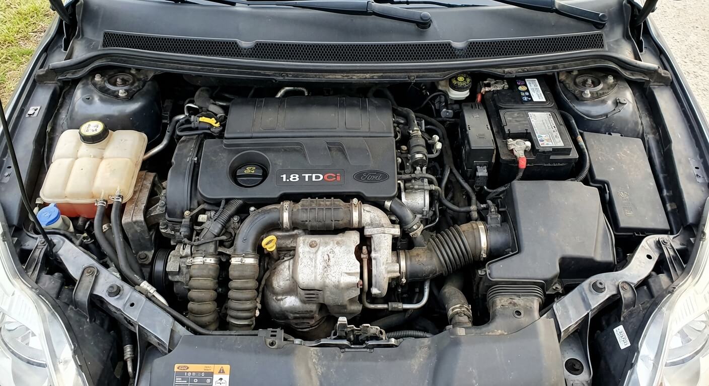 Vue de dessus d'un moteur Ford 1.8 TDCi 115 chevaux sous le capot d'une berline Focus