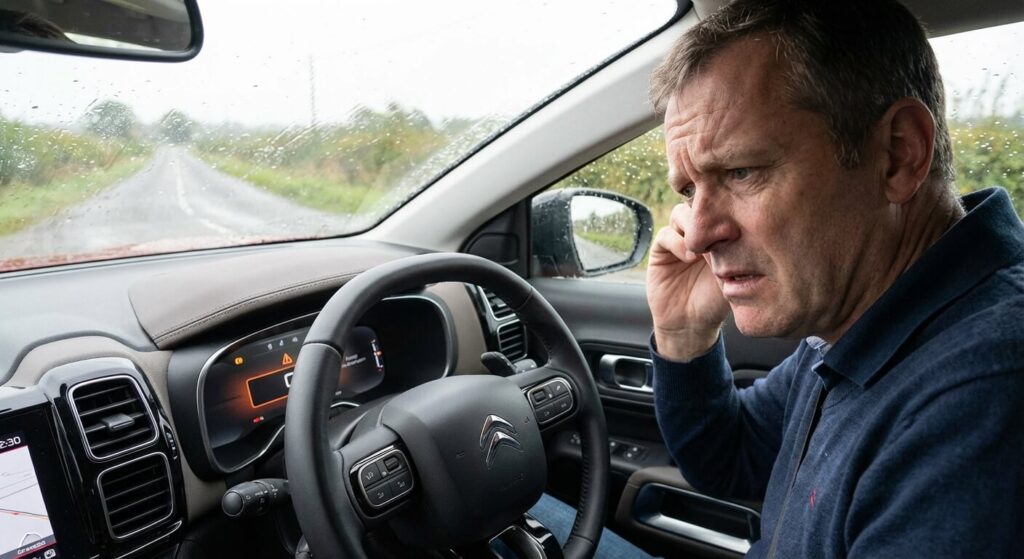 Voiture qui bip sans voyant chez Citroën : D'où vient l'alerte ? 2 Conducteur au volant d'une Citroën regardant son tableau de bord avec perplexité suite à un bruit inattendu