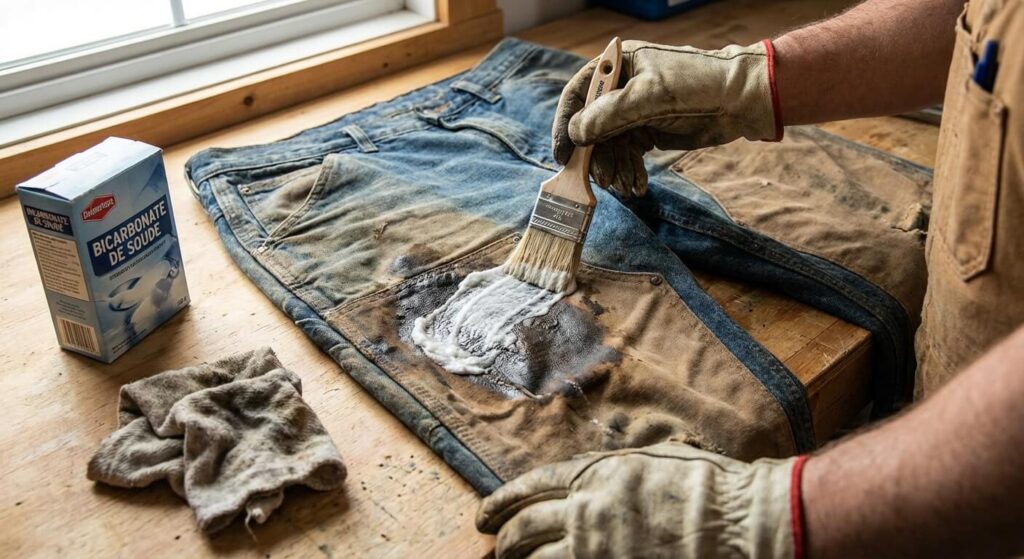 Comment enlever les odeurs de gasoil sur un vêtement ou dans une voiture ? 2 Application de bicarbonate de soude sur une tache de gasoil incrustée sur un pantalon de travail