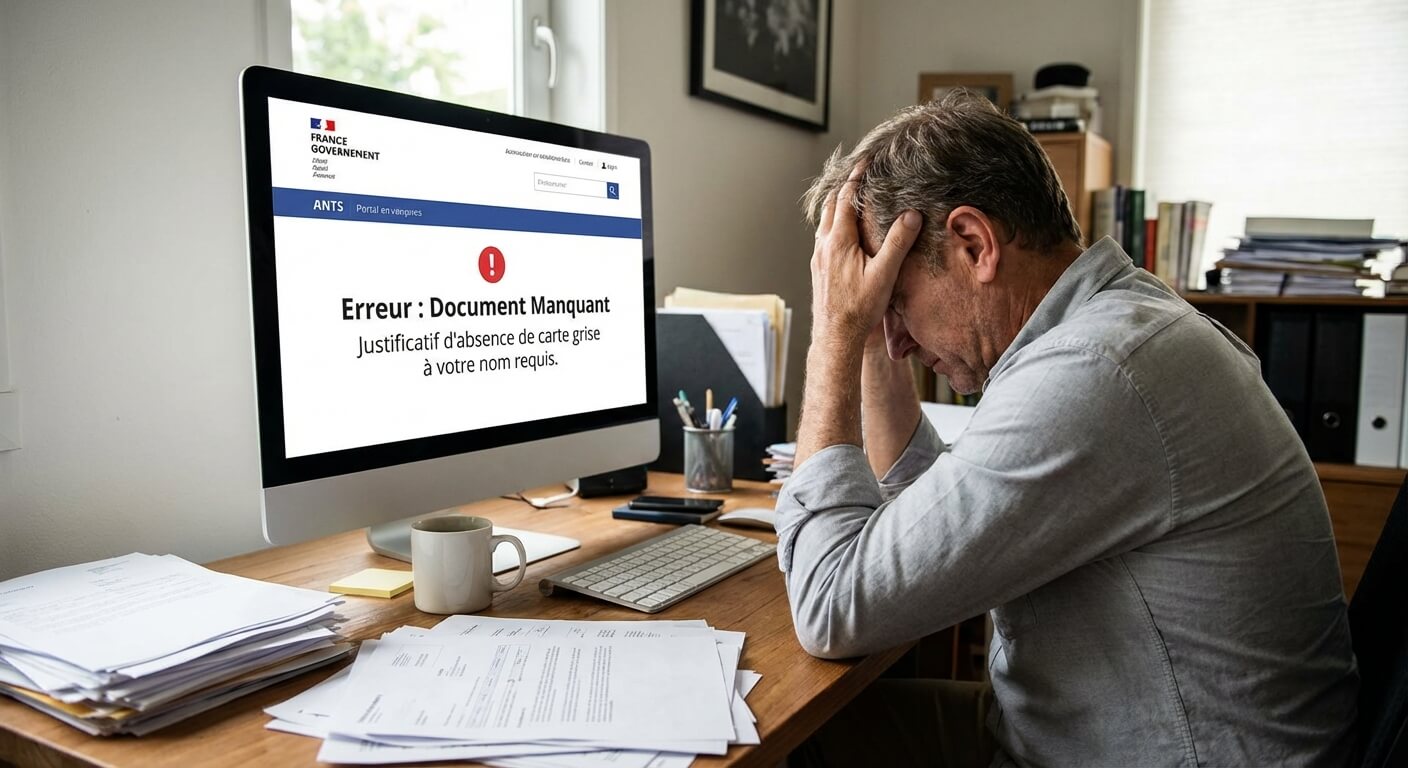Utilisateur bloqué sur le portail de l'ANTS devant fournir un document justifiant l'absence de carte grise à son nom