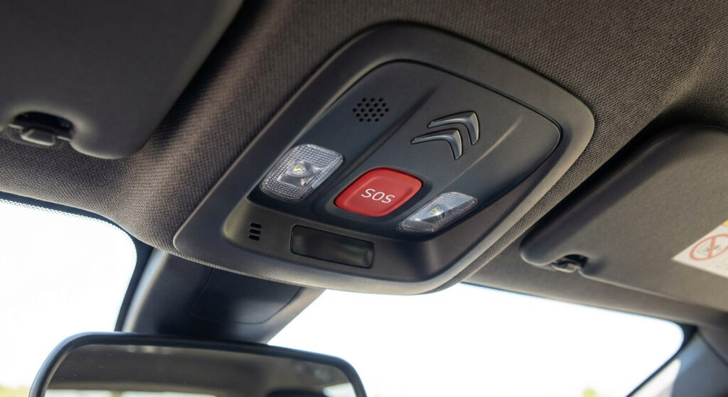 Voiture qui bip sans voyant chez Citroën : D'où vient l'alerte ? 3 Bouton rouge SOS d'appel d'urgence situé sur le plafonnier d'un véhicule de la marque Citroën