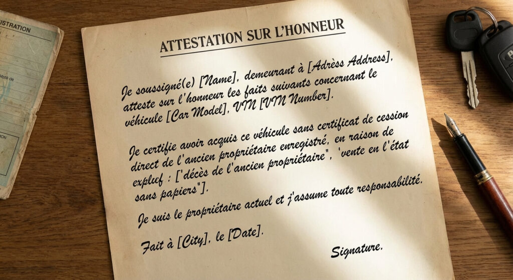 Exemple de rédaction d'une attestation sur l'honneur pour expliquer une rupture de chaîne de propriété d'une voiture