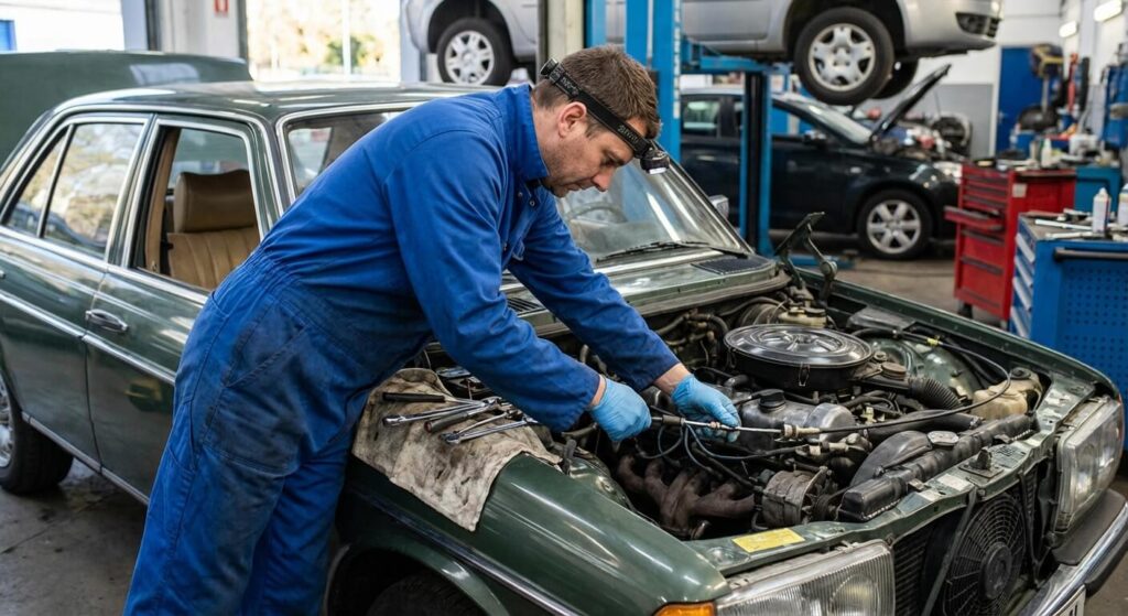 Mécanicien automobile ajustant les câbles de la tringlerie sous le capot d'un véhicule
